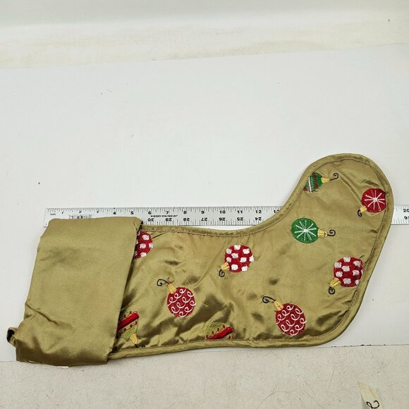 Embroidered Christmas Stocking Green Satin Ornament Design 20 in Vintage - Picture 9 of 10